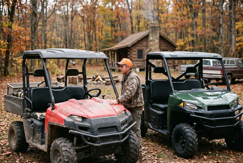 Hunter resting a hand on the faded hood of his older side-by-side, glancing at a glossy new machine parked beside it at deer camp