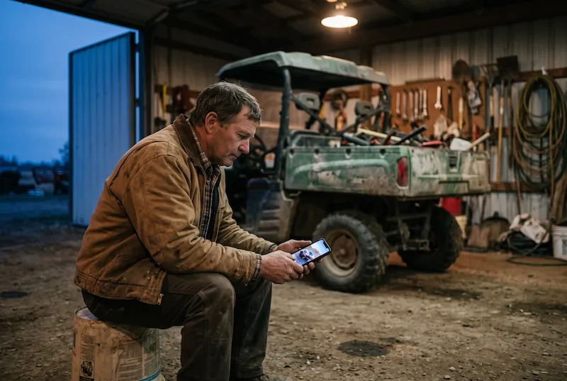 Man in a farm shed at dusk looking at a new machine on his phone, with his worn side-by-side behind him