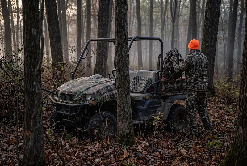 Side-by-side with a woodland camo graphic kit blending into the timber at dawn while a hunter unloads his pack